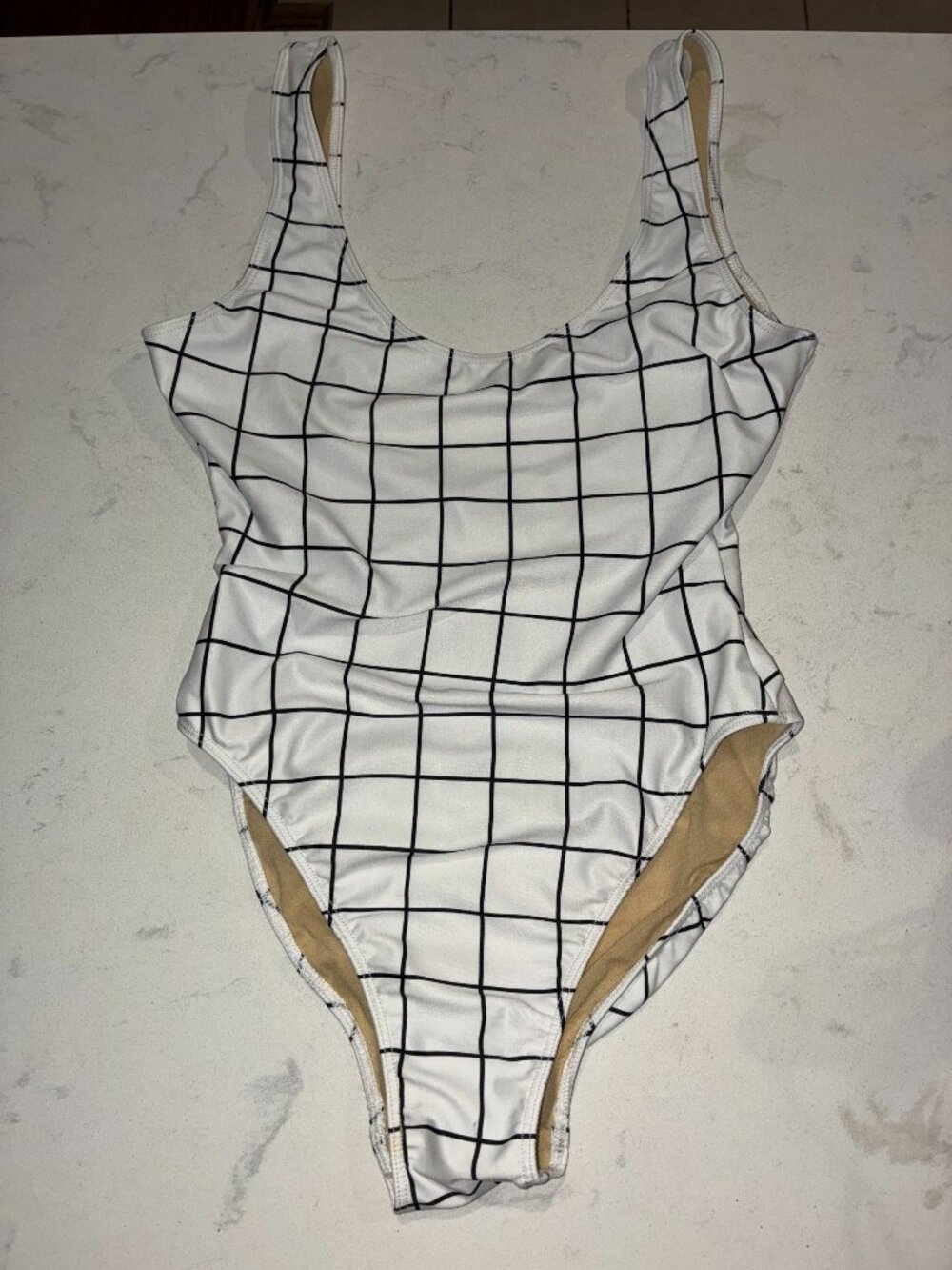 American Apparel M White Black Grid One Piece Swimsuit High Cut Low Back